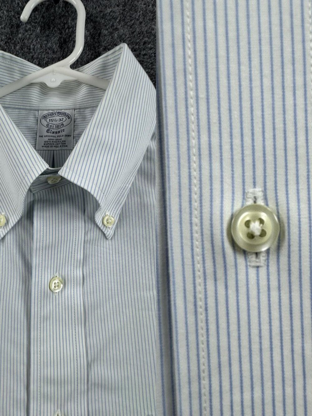 Brooks Brothers Button-Down 15.5 32 Striped Cotton Non-Iron White Blue Classic